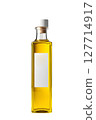 Square bottle with white cap filled with very light colored vegetable oil on pure white background 127714917