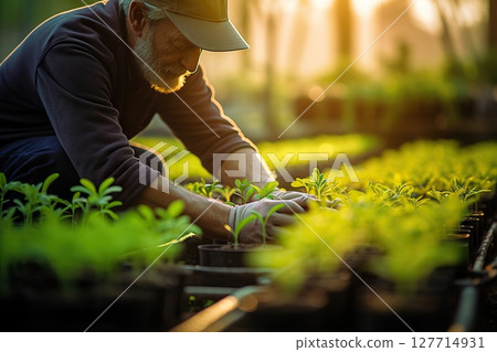 Blossoming Harvest Farmer Tenderly Caring for Young Plant Seedlings in a Spring Garden, Cultivating the Organic Symphony of Sustainable Agriculture. created with Generative AI 127714931