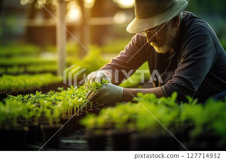 Blossoming Harvest Farmer Tenderly Caring for Young Plant Seedlings in a Spring Garden, Cultivating the Organic Symphony of Sustainable Agriculture. created with Generative AI 127714932