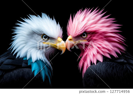 Two bald eagles with pink and blue feathers 127714956