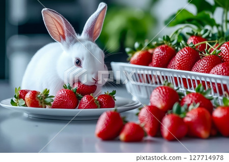 A white rabbit eating strawberries on a plate next to a basket of strawberries A white rabbit eating strawberries on a plate next to a basket of strawberries 127714978