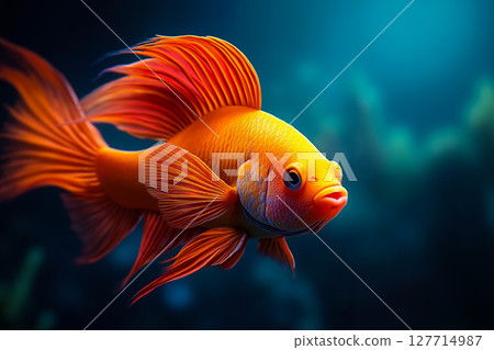 A goldfish swimming in an aquarium with a blue background 127714987