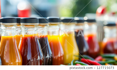 Variety of glass bottles with hot pepper sauces on display, suitable for food background Variety of glass bottles with hot pepper sauces on display, suitable for food background 127715073