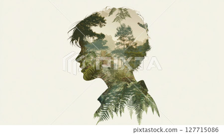 Double exposure of indigenous woman and forest landscape, nature concept, background 127715086