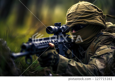 Warriors in Training Bravery Under Fire as Soldiers Take Cover During Live Fire Training, Demonstrating Courage and Preparedness Amidst Intense Battlefield Simulations. created with Generative AI 127715161
