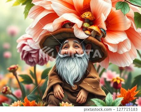 A whimsical and cheerful gnome with a long white beard sits peacefully on a grassy patch, surrounded by vibrant autumn leaves, mushrooms, and colorful flowers. 127715183