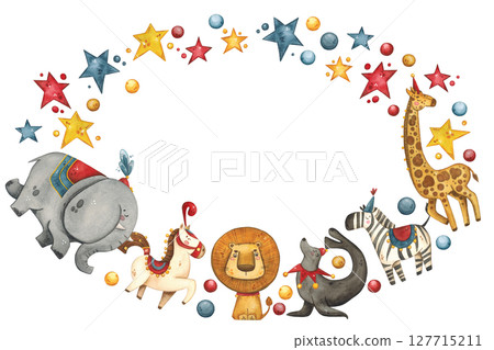 Oval frame with circus animals surrounded by stars and balls Oval frame with circus animals surrounded by stars and balls 127715211