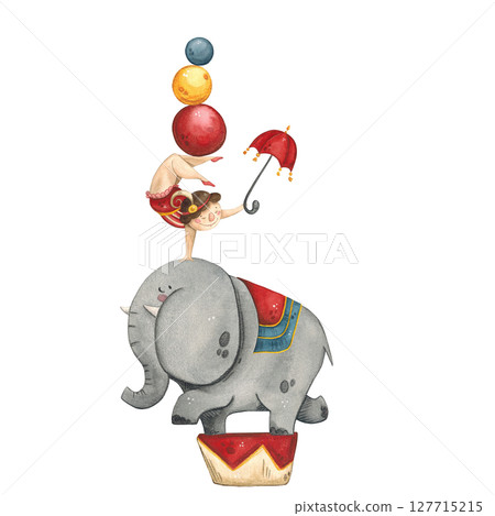 A gymnast with an umbrella in her hand and balls on her feet stands on the back of a circus elephant A gymnast with an umbrella in her hand and balls on her feet stands on the back of a circus elephant 127715215