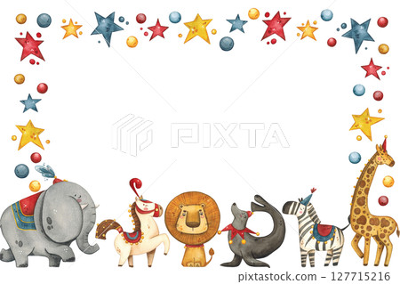 Rectangular frame with circus animals surrounded by stars and balls 127715216