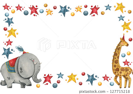 Rectangular frame with a circus giraffe and an elephant surrounded by stars and balls 127715218