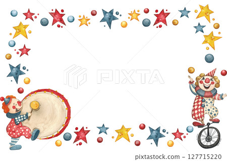 Rectangular frame with circus clowns surrounded by stars and balls Rectangular frame with circus clowns surrounded by stars and balls 127715220