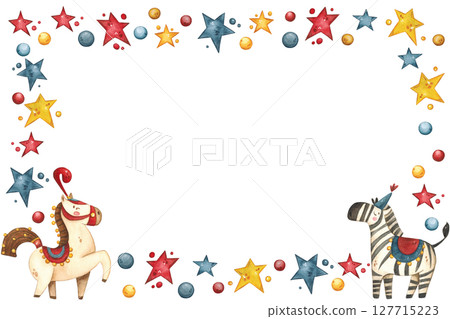 Rectangular frame with circus horse and zebra surrounded by stars and balls 127715223