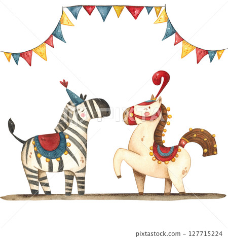 A zebra and a horse in folk costumes under garlands of flags 127715224