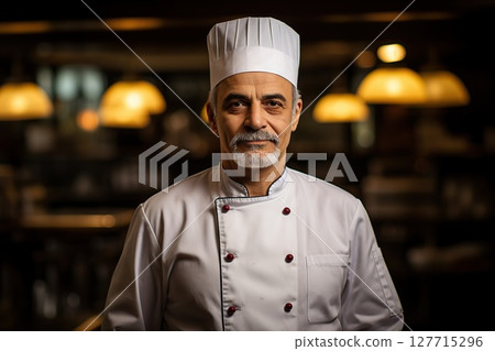 Savoring Legacy Senior Male Chef Stands Proudly in Restaurant Kitchen, A Culinary Maestro in Timeless Uniform, Crafting Gastronomic Excellence. created with Generative AI Savoring Legacy Senior Male Chef Stands Proudly in Restaurant Kitchen, A Culinary Maestro in Timeless Uniform, Crafting Gastronomic Excellence. created with Generative AI 127715296