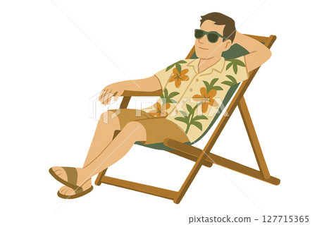 Png illustration of relaxed man lounging in deck chair wearing tropical shirt and sunglasses isolated on transparent background. concept of summer vacation, leisure, beach relaxation. 127715365