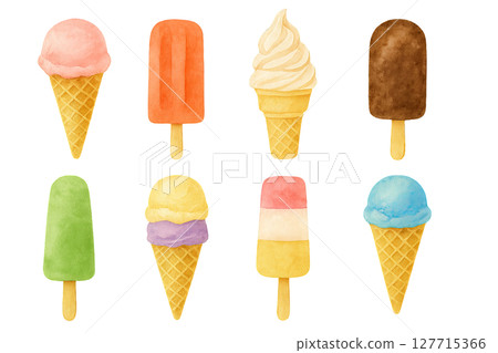 Png set of watercolor ice creams and popsicles in various flavors isolated on transparent background. concept of frozen desserts, sweet treats, summer refreshments, ice cream illustration. 127715366