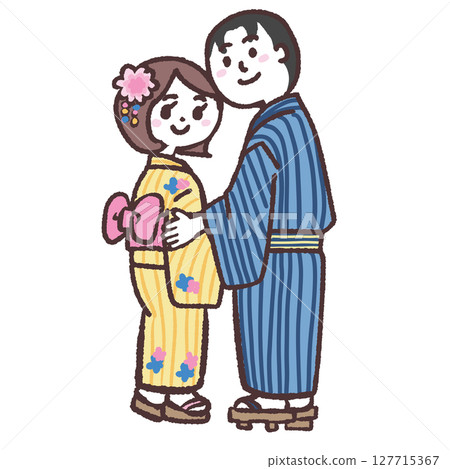 Illustration of a couple in yukata looking back Illustration of a couple in yukata looking back 127715367