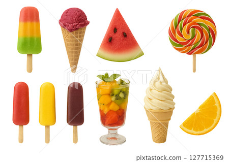Png set of colorful ice creams, fruit popsicles, and sweet treats isolated on transparent background. concept of summer desserts, refreshing snacks, delicious treats. clip art for design 127715369