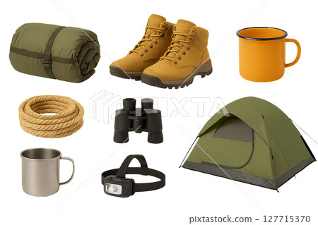 Png set of camping gear with tent, boots, mugs, rope, binoculars, and headlamp isolated on transparent background. concept of outdoor adventure, hiking essentials, nature exploration. Png set of camping gear with tent, boots, mugs, rope, binoculars, and headlamp isolated on transparent background. concept of outdoor adventure, hiking essentials, nature exploration. 127715370