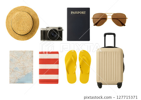 Png set of summer travel essentials including hat, camera, sunglasses, passport, map, flip-flops, towel, and suitcase isolated on transparent background. concept of vacation essentials, travel gear 127715371