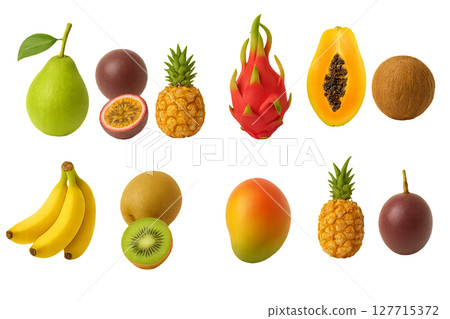 Png set of colorful tropical fruits including pear, passion fruit, pineapple, dragon fruit, papaya, coconut, banana, kiwi, mango isolated on transparent background. exotic fruits, healthy food. 127715372