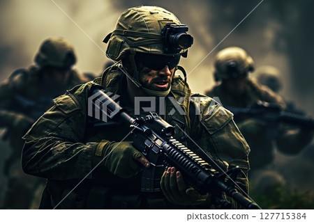 Warrior's Crucible Army Training Unleashes Intense Tactical Exercises as Soldiers Forge Skills in Strategic Maneuvers and Battlefield Preparedness. created with Generative AI 127715384