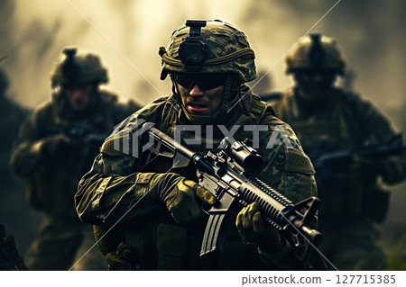 Warrior's Crucible Army Training Unleashes Intense Tactical Exercises as Soldiers Forge Skills in Strategic Maneuvers and Battlefield Preparedness. created with Generative AI 127715385