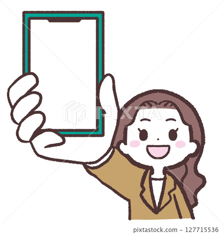 一位燙髮女子展示其智慧型手機的插圖 127715536
