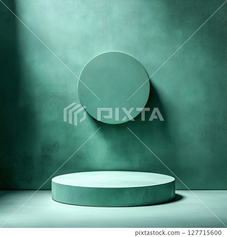 Elegant Pastel Green Podium with a Round Decorative Element on a Textured Wall. Generative AI 127715600