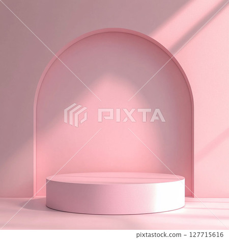 Minimalist Pink Podium in an Arched Niche with Soft Sunlight Shadows, Ideal for Display. Generative AI Minimalist Pink Podium in an Arched Niche with Soft Sunlight Shadows, Ideal for Display. Generative AI 127715616
