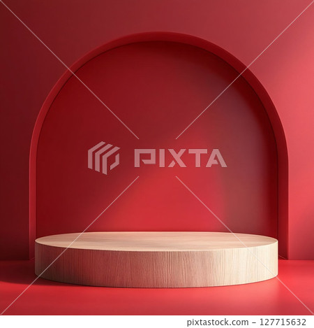 Bright Red Interior with Arched Niche and Wooden Cylindrical Podium for Product. Generative AI Bright Red Interior with Arched Niche and Wooden Cylindrical Podium for Product. Generative AI 127715632