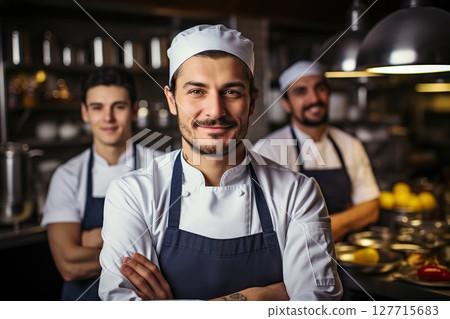 Culinary Harmony Chef and Team Stand United in a Commercial Kitchen at the Restaurant, Crafting Culinary Excellence in Perfect Synchrony. created with Generative AI Culinary Harmony Chef and Team Stand United in a Commercial Kitchen at the Restaurant, Crafting Culinary Excellence in Perfect Synchrony. created with Generative AI 127715683