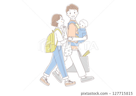 Simple line drawing illustration of a young couple and baby returning from shopping Vector Simple line drawing illustration of a young couple and baby returning from shopping Vector 127715815
