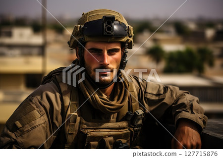 Guardian in Uniform Portrait of an Israeli Soldier, Capturing Strength, Determination, and National Pride in Service to Homeland Security. created with Generative AI 127715876