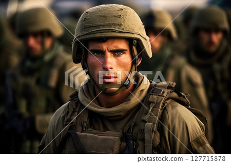 Guardian in Uniform Portrait of an Israeli Soldier, Capturing Strength, Determination, and National Pride in Service to Homeland Security. created with Generative AI 127715878