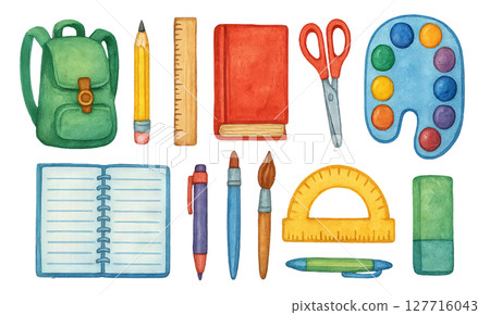Png watercolor school supplies set with notebooks, backpack, pencils, and art tools isolated on transparent background. concept of educational resources, art materials, back-to-school decor. Png watercolor school supplies set with notebooks, backpack, pencils, and art tools isolated on transparent background. concept of educational resources, art materials, back-to-school decor. 127716043