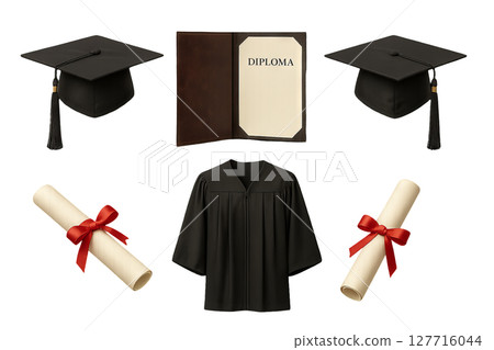 Png set of university attributes including graduation cap, diploma, and gown isolated on transparent background. concept of academic achievement, education celebration, scholarly success. 127716044