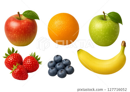 Png set of assorted fruits including apples, orange, strawberries, blueberries, and banana isolated on transparent background. concept of fresh produce, healthy eating, fruit collection. 127716052