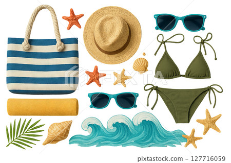 Png set of summer beach essentials with striped bag, hat, sunglasses, and bikini isolated on transparent background. concept of vacation gear, tropical accessories, seaside fashion. 127716059