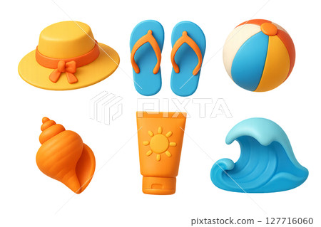 Png set of colorful summer beach accessories including hat, flip-flops, ball, shell, sunscreen, and wave isolated on transparent background. concept of vacation essentials, seaside fun, summer vibes. Png set of colorful summer beach accessories including hat, flip-flops, ball, shell, sunscreen, and wave isolated on transparent background. concept of vacation essentials, seaside fun, summer vibes. 127716060