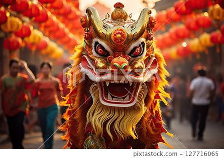 Majestic Dance Chinese Dragon Character Enchants in New Year Festival, Capturing the Energetic Splendor of Traditional Performances. created with Generative AI 127716065