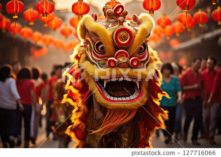 Majestic Dance Chinese Dragon Character Enchants in New Year Festival, Capturing the Energetic Splendor of Traditional Performances. created with Generative AI 127716066