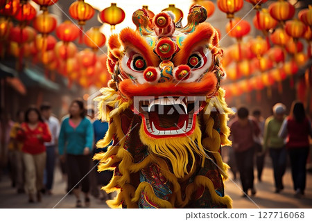 Majestic Dance Chinese Dragon Character Enchants in New Year Festival, Capturing the Energetic Splendor of Traditional Performances. created with Generative AI 127716068