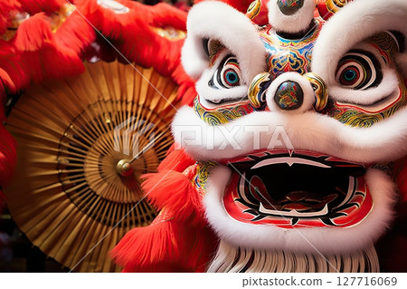 Cultural Elegance Unleashed Traditional Chinese New Year Lion Dance with Red Fan, a Vibrant Symbol of Prosperity and Festive Celebrations. created with Generative AI Cultural Elegance Unleashed Traditional Chinese New Year Lion Dance with Red Fan, a Vibrant Symbol of Prosperity and Festive Celebrations. created with Generative AI 127716069