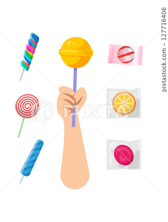Children holding lollipops. Set of Candies Flat Icons Vector illustration stock Illustration Children holding lollipops. Set of Candies Flat Icons Vector illustration stock Illustration 127716406