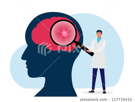 Doctor Examining Human Brain With Magnifying Glass. Close-up Of Brain With Nerve Cell. Researching Neurological Diseases stock illustration Doctor Examining Human Brain With Magnifying Glass. Close-up Of Brain With Nerve Cell. Researching Neurological Diseases stock illustration 127716410