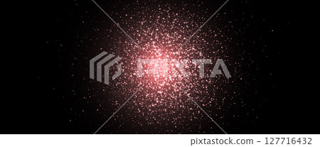 Glitter rose gold explosion. Falling particles on dark background. Pink sequin twinkle powder. Sparkle glow spray. Magic star. Shine glow texture. Christmas card. Luxury frame. Vector illustration 127716432