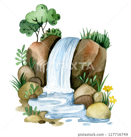 cute waterfall, watercolor cartoon illustration. environment 127716749