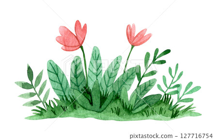 meadow with flowers, watercolor cartoon illustration. nature, environment meadow with flowers, watercolor cartoon illustration. nature, environment 127716754