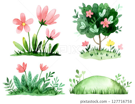 Set of meadows with flowers and bushes. Watercolor cartoon illustration. 127716758